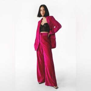Nasty Gal Hot Pink Crushed Velvet Co-Ord Wide Leg Trousers